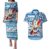 Custom Hawaii Mele Kalikimaka Couples Matching Puletasi Dress and Hawaiian Shirt Santa Claus Surfing with Hawaiian Pattern Striped Blue Style LT03 Blue - Polynesian Pride