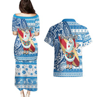 Custom Hawaii Mele Kalikimaka Couples Matching Puletasi Dress and Hawaiian Shirt Santa Claus Surfing with Hawaiian Pattern Striped Blue Style LT03 - Polynesian Pride