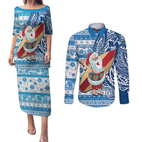 Custom Hawaii Mele Kalikimaka Couples Matching Puletasi Dress and Long Sleeve Button Shirt Santa Claus Surfing with Hawaiian Pattern Striped Blue Style LT03 Blue - Polynesian Pride