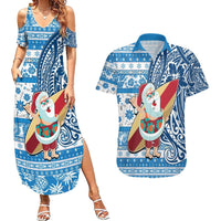 Custom Hawaii Mele Kalikimaka Couples Matching Summer Maxi Dress and Hawaiian Shirt Santa Claus Surfing with Hawaiian Pattern Striped Blue Style LT03 Blue - Polynesian Pride