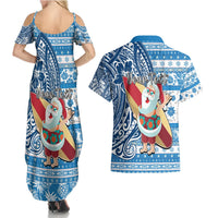 Custom Hawaii Mele Kalikimaka Couples Matching Summer Maxi Dress and Hawaiian Shirt Santa Claus Surfing with Hawaiian Pattern Striped Blue Style LT03 - Polynesian Pride