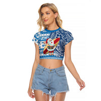 Custom Hawaii Mele Kalikimaka Raglan Cropped T Shirt Santa Claus Surfing with Hawaiian Pattern Striped Blue Style LT03 Female Blue - Polynesian Pride
