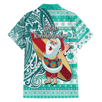 Hawaii Mele Kalikimaka Family Matching Long Sleeve Bodycon Dress and Hawaiian Shirt Santa Claus Surfing with Hawaiian Pattern Striped Turquoise Style LT03 - Polynesian Pride