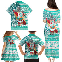 Hawaii Mele Kalikimaka Family Matching Puletasi Dress and Hawaiian Shirt Santa Claus Surfing with Hawaiian Pattern Striped Turquoise Style LT03 - Polynesian Pride