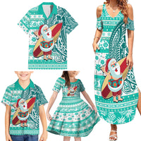 Hawaii Mele Kalikimaka Family Matching Summer Maxi Dress and Hawaiian Shirt Santa Claus Surfing with Hawaiian Pattern Striped Turquoise Style LT03 - Polynesian Pride