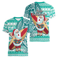 Hawaii Mele Kalikimaka Women V Neck T Shirt Santa Claus Surfing with Hawaiian Pattern Striped Turquoise Style LT03 - Polynesian Pride