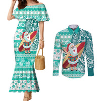 Custom Hawaii Mele Kalikimaka Couples Matching Mermaid Dress and Long Sleeve Button Shirt Santa Claus Surfing with Hawaiian Pattern Striped Turquoise Style LT03 Turquoise - Polynesian Pride
