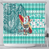 Custom Hawaii Mele Kalikimaka Shower Curtain Santa Claus Surfing with Hawaiian Pattern Striped Turquoise Style LT03 - Polynesian Pride