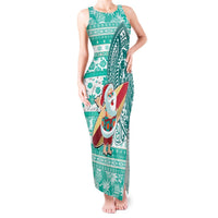 Custom Hawaii Mele Kalikimaka Tank Maxi Dress Santa Claus Surfing with Hawaiian Pattern Striped Turquoise Style LT03 Women Turquoise - Polynesian Pride