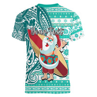 Custom Hawaii Mele Kalikimaka Women V Neck T Shirt Santa Claus Surfing with Hawaiian Pattern Striped Turquoise Style LT03 - Polynesian Pride