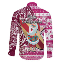 Hawaii Mele Kalikimaka Family Matching Long Sleeve Bodycon Dress and Hawaiian Shirt Santa Claus Surfing with Hawaiian Pattern Striped Pink Style LT03 - Polynesian Pride