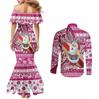 Custom Hawaii Mele Kalikimaka Couples Matching Mermaid Dress and Long Sleeve Button Shirt Santa Claus Surfing with Hawaiian Pattern Striped Pink Style LT03 - Polynesian Pride