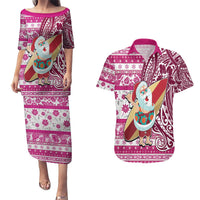 Custom Hawaii Mele Kalikimaka Couples Matching Puletasi Dress and Hawaiian Shirt Santa Claus Surfing with Hawaiian Pattern Striped Pink Style LT03 Pink - Polynesian Pride