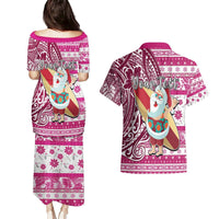 Custom Hawaii Mele Kalikimaka Couples Matching Puletasi Dress and Hawaiian Shirt Santa Claus Surfing with Hawaiian Pattern Striped Pink Style LT03 - Polynesian Pride