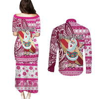 Custom Hawaii Mele Kalikimaka Couples Matching Puletasi Dress and Long Sleeve Button Shirt Santa Claus Surfing with Hawaiian Pattern Striped Pink Style LT03 - Polynesian Pride