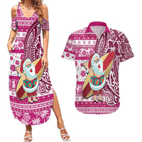 Custom Hawaii Mele Kalikimaka Couples Matching Summer Maxi Dress and Hawaiian Shirt Santa Claus Surfing with Hawaiian Pattern Striped Pink Style LT03 Pink - Polynesian Pride