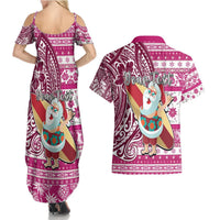 Custom Hawaii Mele Kalikimaka Couples Matching Summer Maxi Dress and Hawaiian Shirt Santa Claus Surfing with Hawaiian Pattern Striped Pink Style LT03 - Polynesian Pride