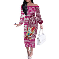 Custom Hawaii Mele Kalikimaka Family Matching Off Shoulder Long Sleeve Dress and Hawaiian Shirt Santa Claus Surfing with Hawaiian Pattern Striped Pink Style LT03 Mom's Dress Pink - Polynesian Pride