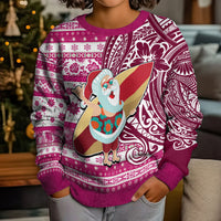 Custom Hawaii Mele Kalikimaka Kid Ugly Christmas Sweater Santa Claus Surfing with Hawaiian Pattern Striped Pink Style LT03 - Polynesian Pride