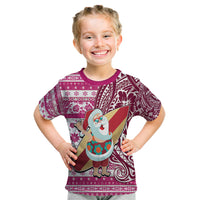 Custom Hawaii Mele Kalikimaka Kid T Shirt Santa Claus Surfing with Hawaiian Pattern Striped Pink Style LT03 Pink - Polynesian Pride