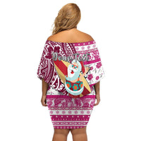 Custom Hawaii Mele Kalikimaka Off Shoulder Short Dress Santa Claus Surfing with Hawaiian Pattern Striped Pink Style LT03 - Polynesian Pride