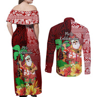 Hawaii Mele Kalikimaka Couples Matching Off Shoulder Maxi Dress and Long Sleeve Button Shirt Santa Claus and Hula Girl Tropical Folwer with Hawaiian Pattern LT03 - Polynesian Pride