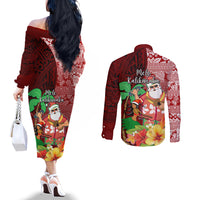 Hawaii Mele Kalikimaka Couples Matching Off The Shoulder Long Sleeve Dress and Long Sleeve Button Shirt Santa Claus and Hula Girl Tropical Folwer with Hawaiian Pattern LT03 - Polynesian Pride