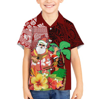 Hawaii Mele Kalikimaka Family Matching Long Sleeve Bodycon Dress and Hawaiian Shirt Santa Claus and Hula Girl Tropical Folwer with Hawaiian Pattern LT03 Son's Shirt Red - Polynesian Pride