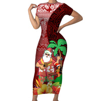 Hawaii Mele Kalikimaka Family Matching Short Sleeve Bodycon Dress and Hawaiian Shirt Santa Claus and Hula Girl Tropical Folwer with Hawaiian Pattern LT03 Mom's Dress Red - Polynesian Pride