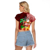 Hawaii Mele Kalikimaka Raglan Cropped T Shirt Santa Claus and Hula Girl Tropical Folwer with Hawaiian Pattern LT03 - Polynesian Pride