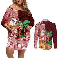 Custom Hawaii Mele Kalikimaka Couples Matching Off Shoulder Short Dress and Long Sleeve Button Shirt Santa Claus and Hula Girl Tropical Folwer with Hawaiian Pattern LT03 Red - Polynesian Pride