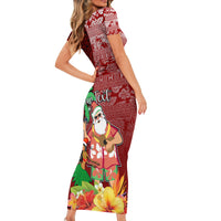 Custom Hawaii Mele Kalikimaka Short Sleeve Bodycon Dress Santa Claus and Hula Girl Tropical Folwer with Hawaiian Pattern LT03 - Polynesian Pride