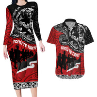 Aotearoa Toitu Te Tiriti Couples Matching Long Sleeve Bodycon Dress and Hawaiian Shirt Honoring Te Tiriti o Waitangi Maori Haka LT03 Red - Polynesian Pride