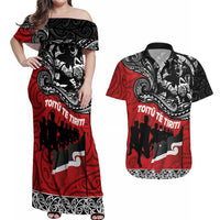 Aotearoa Toitu Te Tiriti Couples Matching Off Shoulder Maxi Dress and Hawaiian Shirt Honoring Te Tiriti o Waitangi Maori Haka LT03 Red - Polynesian Pride