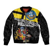 New Zealand Wellington Bomber Jacket The Capital's Emblems Flag and Koru Art LT03 Unisex Black - Polynesian Pride