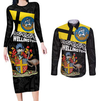 New Zealand Wellington Couples Matching Long Sleeve Bodycon Dress and Long Sleeve Button Shirt The Capital's Emblems Flag and Koru Art LT03 Black - Polynesian Pride
