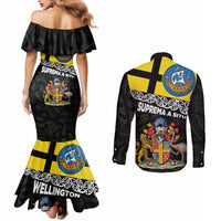 New Zealand Wellington Couples Matching Mermaid Dress and Long Sleeve Button Shirt The Capital's Emblems Flag and Koru Art LT03 - Polynesian Pride