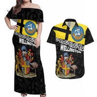 New Zealand Wellington Couples Matching Off Shoulder Maxi Dress and Hawaiian Shirt The Capital's Emblems Flag and Koru Art LT03 Black - Polynesian Pride