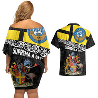New Zealand Wellington Couples Matching Off Shoulder Short Dress and Hawaiian Shirt The Capital's Emblems Flag and Koru Art LT03 - Polynesian Pride