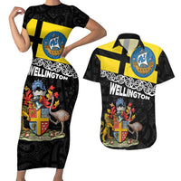 New Zealand Wellington Couples Matching Short Sleeve Bodycon Dress and Hawaiian Shirt The Capital's Emblems Flag and Koru Art LT03 Black - Polynesian Pride