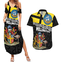 New Zealand Wellington Couples Matching Summer Maxi Dress and Hawaiian Shirt The Capital's Emblems Flag and Koru Art LT03 Black - Polynesian Pride