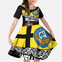 New Zealand Wellington Family Matching Off Shoulder Maxi Dress and Hawaiian Shirt The Capital's Emblems Flag and Koru Art LT03 Daughter's Dress Black - Polynesian Pride