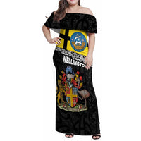 New Zealand Wellington Family Matching Off Shoulder Maxi Dress and Hawaiian Shirt The Capital's Emblems Flag and Koru Art LT03 Mom's Dress Black - Polynesian Pride
