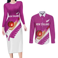 Custom New Zealand Cricket Couples Matching Long Sleeve Bodycon Dress and Long Sleeve Button Shirt Kiwi Birds Haka Dance Pink Fern Sporty Style LT03 Pink - Polynesian Pride