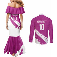 Custom New Zealand Cricket Couples Matching Mermaid Dress and Long Sleeve Button Shirt Kiwi Birds Haka Dance Pink Fern Sporty Style LT03 - Polynesian Pride