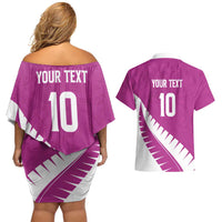 Custom New Zealand Cricket Couples Matching Off Shoulder Short Dress and Hawaiian Shirt Kiwi Birds Haka Dance Pink Fern Sporty Style LT03 - Polynesian Pride