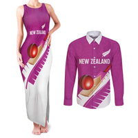 Custom New Zealand Cricket Couples Matching Tank Maxi Dress and Long Sleeve Button Shirt Kiwi Birds Haka Dance Pink Fern Sporty Style LT03 Pink - Polynesian Pride