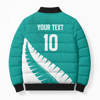 Custom New Zealand Cricket Bomber Puffer Jacket Kiwi Birds Haka Dance Turquoise Fern Sporty Style
