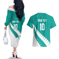 Custom New Zealand Cricket Couples Matching Off The Shoulder Long Sleeve Dress and Hawaiian Shirt Kiwi Birds Haka Dance Turquoise Fern Sporty Style LT03 - Polynesian Pride