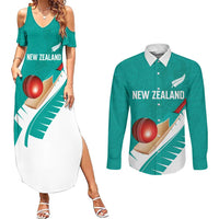 Custom New Zealand Cricket Couples Matching Summer Maxi Dress and Long Sleeve Button Shirt Kiwi Birds Haka Dance Turquoise Fern Sporty Style LT03 Turquoise - Polynesian Pride